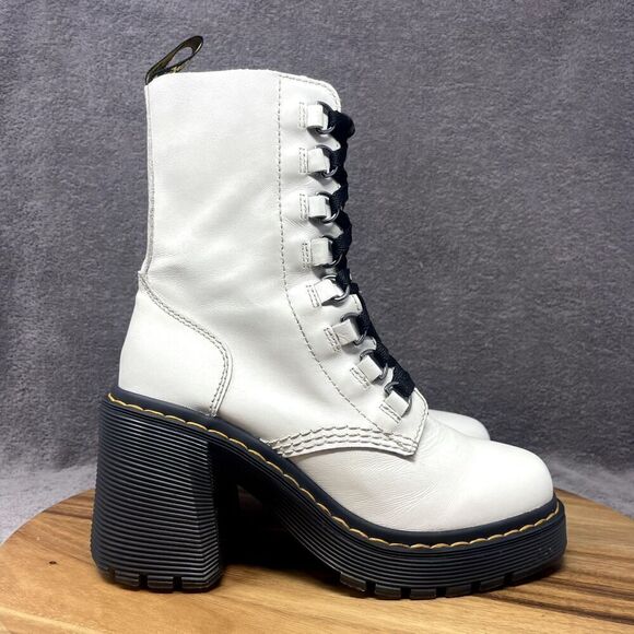 Dr. Doc Martens Chesney Flared Heel Boots Smooth White Leather Women's Size 7 - Picture 1 of 11